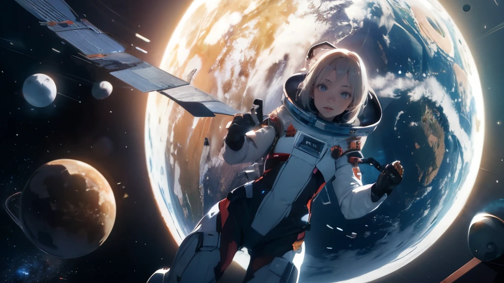 absurd res, high res, (masterpiece:1.4), ultra-detailed, 1girl, wearing a Futuristic space suit, from above, space, floating, (best quality), awesome looking stars and planets visible in distance