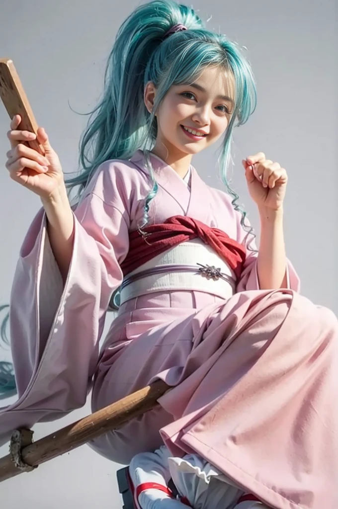 masterpiece, best quality,1girl, smile,close mouth,(broom riding:1.2), clogs, socks,broom,japanese clothes,long clothes, kimono,grey background,