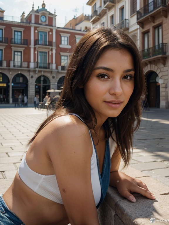 Fotografia de uma mulher muito bonita, com longos cabelos ondulados, pele castanha clara, olhos castanhos, corpo inteiro, vestindo um lindo vestido leve e branco, face centrada, sorriso suave, Rosto detalhado, efeito cinema, Background of the image “the trevi fountain” in Serra Negra, SP, Brazil, editado no Adobe Premiere, 8k. as realistic as possible.