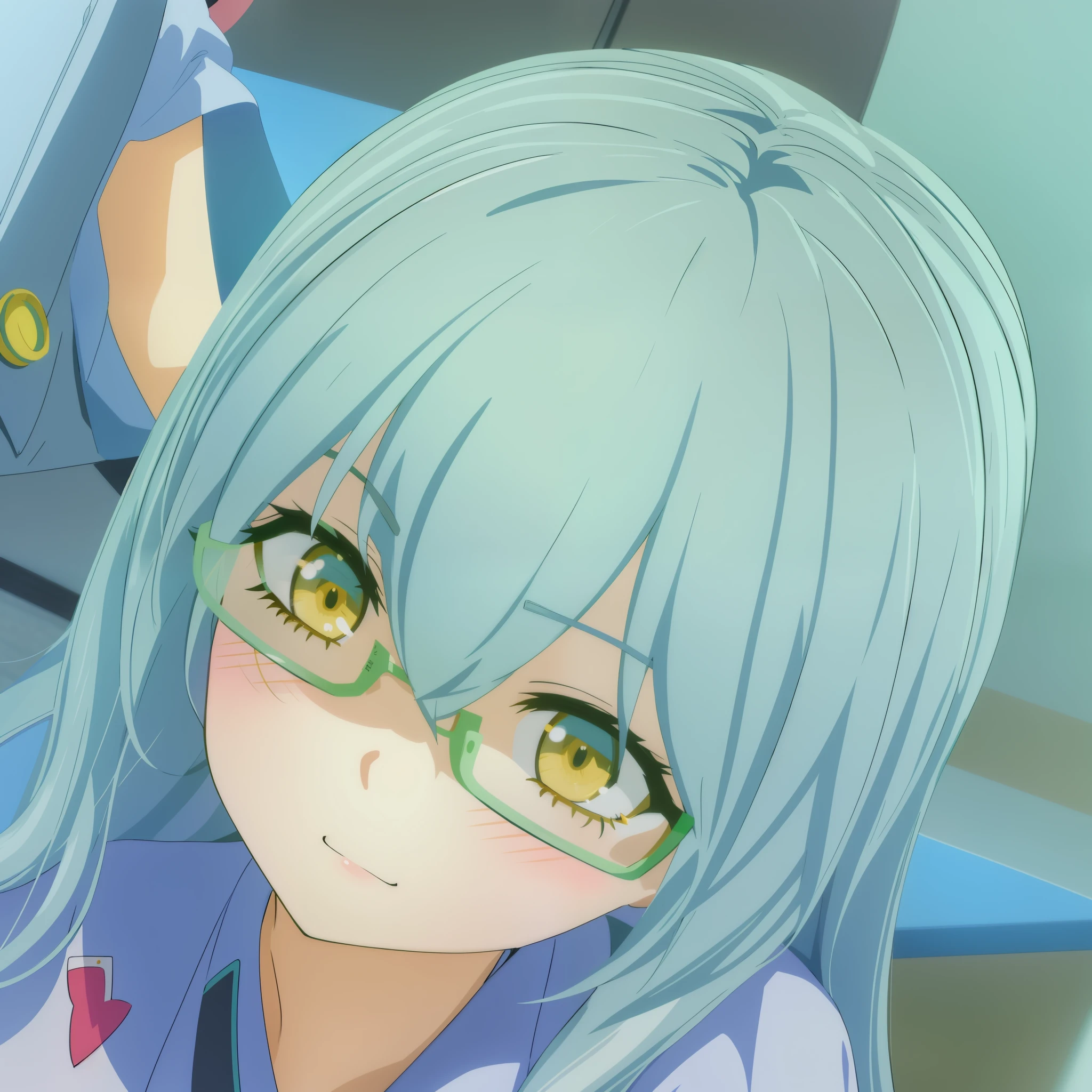 anime girl with gray hair and green glasses, close up of a young anime girl, stylized anime, render of a cute 3d anime girl, smooth anime cg art, anime moe artstyle, anime styled 3d, close up character, anime stylized, gapmoe, close up iwakura lain, character close up, joy gaze, (((yellow eyes)))