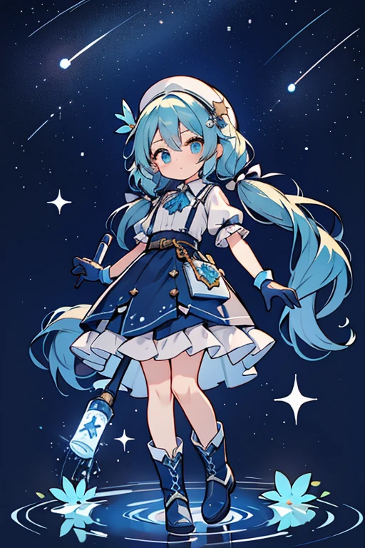 As Aquarius Cure Cosmo, her twintails are shorter and smaller with the rest of her hair becoming wavy with a deep blue ombre and stars decorating it. Her top is white and blue with a blue collar and the pleats of her skirt are sharper. Under it is a longer dark blue skirt that opens in the front and is light with a light blue ruffle. Her gloves are dark blue while her boots are white. She carries a turquoise jar with shooting star designs on it that shoots out water.