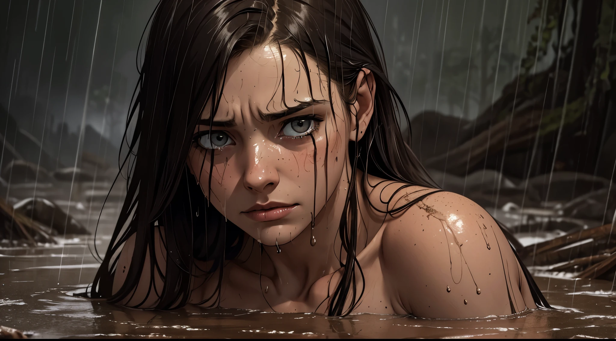 (best quality,ultra-detailed,realistic:1.37),portrait,dark,sadness,extreme emotion,1girl,naked slave,girls body covered in mud,naked breasts and vagina covered in mud,detailed facial expression,deep sorrow,muddy environment,detailed tears streaming down her face,suffering,emotional pain,struggling,grimy texture of mud,hopelessness,rainy atmosphere,subtle lighting,subdued colors,distressed facial features,submissive attitude,dirt-streaked body,drenched hair,anguish,dark shadows,unbearable sadness,loneliness,heavy downpour,muddy ground.