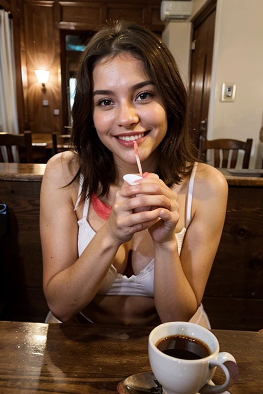 Em casa bonita, drinking coffee, sentada, sorrindo