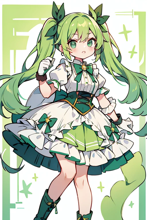 As Gemini Cure Cosmo, her pigtails are still shorter, while the rest of her hair is worn in another pair of twintails with a green ombre. One side of it is wavy while the other is a gigantic curl. Each side of her outfit is different. The right side of her bodice, right glove, and right boot are dark green while the left side of the bodice, left glove, and left boot are mint green. The right side of her skirt has a green ruffle on top and a shorter white layer on top while the left side has a larger light blue ruffle with a white ribbon and mint green ruffle looping below it and a mint green, dark green, and white skirt under it. Her cape is red and her earrings are cherry-shaped