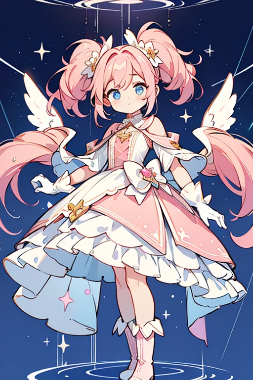 As Virgo Cure Cosmo, her pigtails become thinner and shorter while the rest of her hair is wore down and curls at the ends with a pale pink ombre. The top of her dress turns white with blue inside and the collar turns pink. Her gloves are now white while the trim around them and the top of her skirt turns light blue. She also gains a long pale pink skirt that almost reaches the floor now. On top is a shorter blue and white layer that is rounded and opens in the front, while another similar-shaped layer with rainbow pleats is underneath it. Her boots turn magenta, a pink flower appears near her left ear, her cape turns yellow, and she now has white angelic wings.