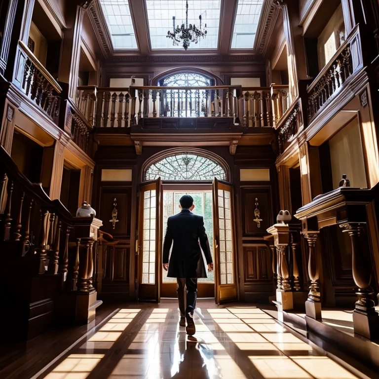 a guy walking into a big mansion, there is a secret chocolate factory inside and a secret servants guiding you to the chocolate factory
