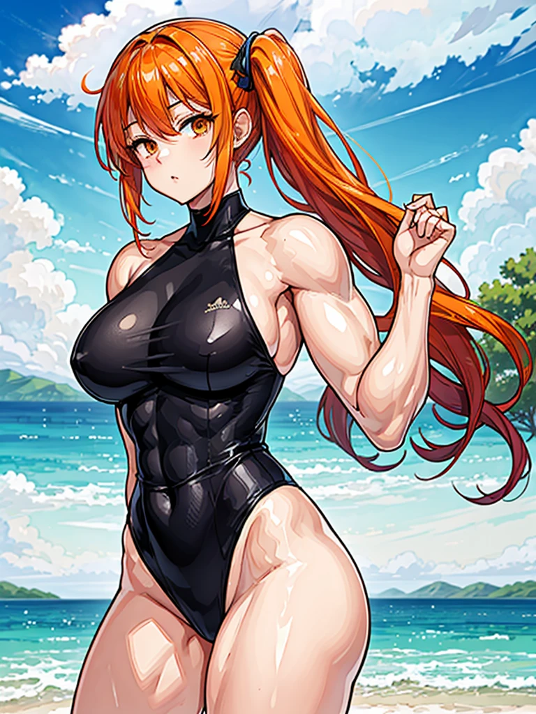 （（（masterpiece、Highest image quality、highest quality、highly detailed unity 8ｋwallpaper）））、（（Illustration of one girl））、（（（beautiful girl）））、（（orange hair、side ponytail、orange eyes））、（stocky build, thickset physique, muscular legs, broad shoulders, solid chest）、swimsuit、sandy beach