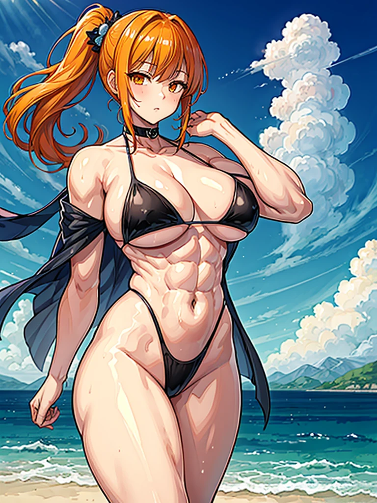 (((masterpiece、Highest image quality、highest quality、highly detailed unity 8kwallpaper)))、((Illustration of one girl))、(((beautiful girl)))、((orange hair、side ponytail、orange eyes))、(stocky build, thickset physique, muscular legs, broad shoulders, solid chest)、swimsuit、sandy beach