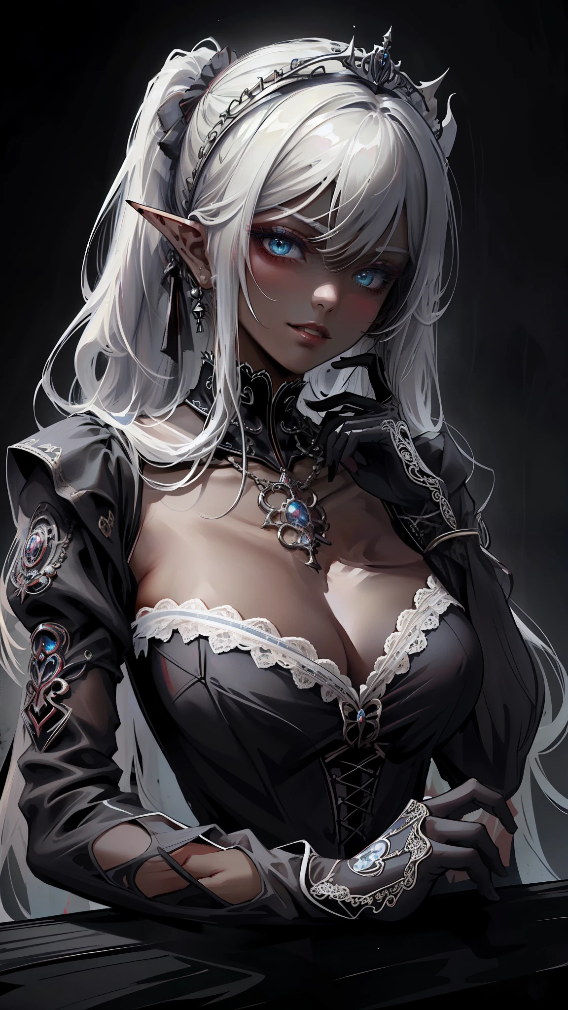 ((masterpiece )), (top quality), (best quality), ((ultra-detailed, 8k quality)), Aesthetics, volumetric lighting, (detailed line art), 
BREAK, 
highly detailed of ( dark elf), (1girl), perfect face, details eye, double pigtails hair, Blunt bangs, (hair between eye), blonde white hair, blue eyes, eyelashes, eyeshadow, pink eyeshadow, light smile, design art by Artgerm, by Kawacy, By Yoshitaka Amano,
BREAK,
portrait, frensh maid in a frensh maid outfit, victorian goth maid, headdress, indoors, ((antique victorian mansion)), dusty, dimly lit, candleholders, covered in cobwebs, cowboy shot, dynamic angle, side table, dangling her feet, glaring, grin, looking at viewer, rests her chin on her hand, (graphic background, (plain background)), correct anatomy, amano yoshitaka, webbedtech, fuzzy organic webs, eroguronansensu, horror, ゴート, gothic artstyle,
BREAK, 
((perfect anatomy)), nice body, medium breast, extremely detailed finger, best hands, perfect face, beautiful face, beautiful eyes, perfect eyes, perfect fingers, (dark skin)