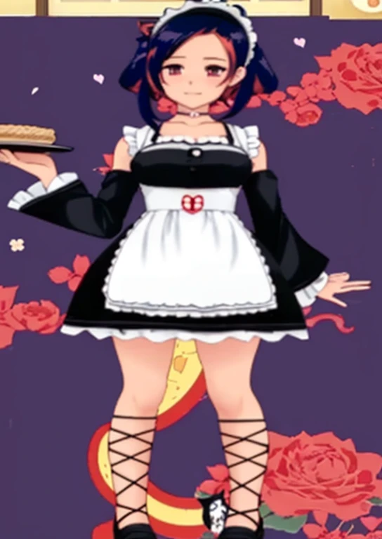 a close up of a person holding a tray with food on it, anime girl in a maid costume, maid outfit, maid dress, anime cat girl in a maid costume, anime maid nazi ss military, gorgeous maid, , anime girl wearing a black dress, maid costume, maid, anime maids riding early tanks, wearing maid uniform, my dress up darling anime