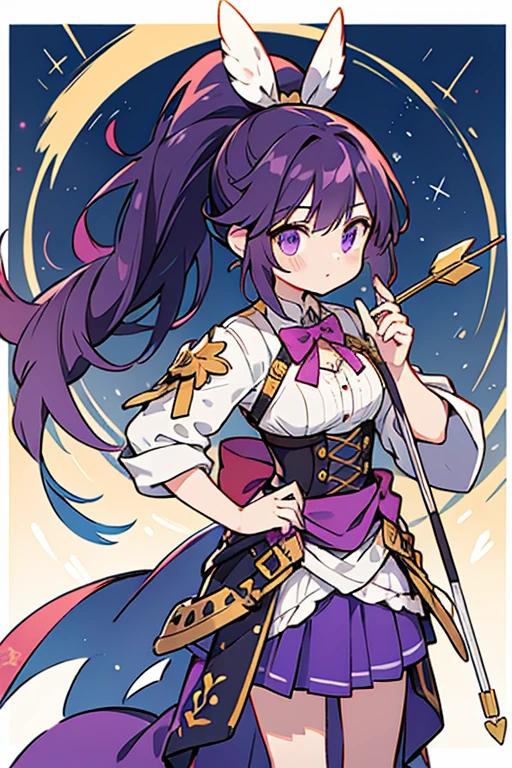 Sagittarius Cure Selene, her hair is tied in a ponytail with an indigo ombre. The bodice is now white with a purple diamond in front with the layer around the waist matching it in color. The top part of the skirt is pale purple with magenta stars hanging on each end. Underneath is a yellow translucent layer that gets longer toward the back and the purple skirt is nearly floor-length. She holds a gold and purple bow with an arrow with a gold star-shaped tip and yellow feathers at the end