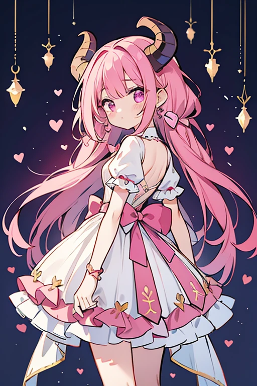 Capricorn Cure Selene, her hair grows longer and wavier with a magenta ombre decorated with matching hearts. Her ribbons are magenta and she now has light magenta goat horns. The top of her dress, back bow, and top layer of her skirt are pale pink. The top part is also longer with a translucent layer that matches its length. The skirt inside is shorter with a light purple layer that opens in front with white layers inside it and decorated with a light pink ribbon. Her earrings are also heart-shaped.