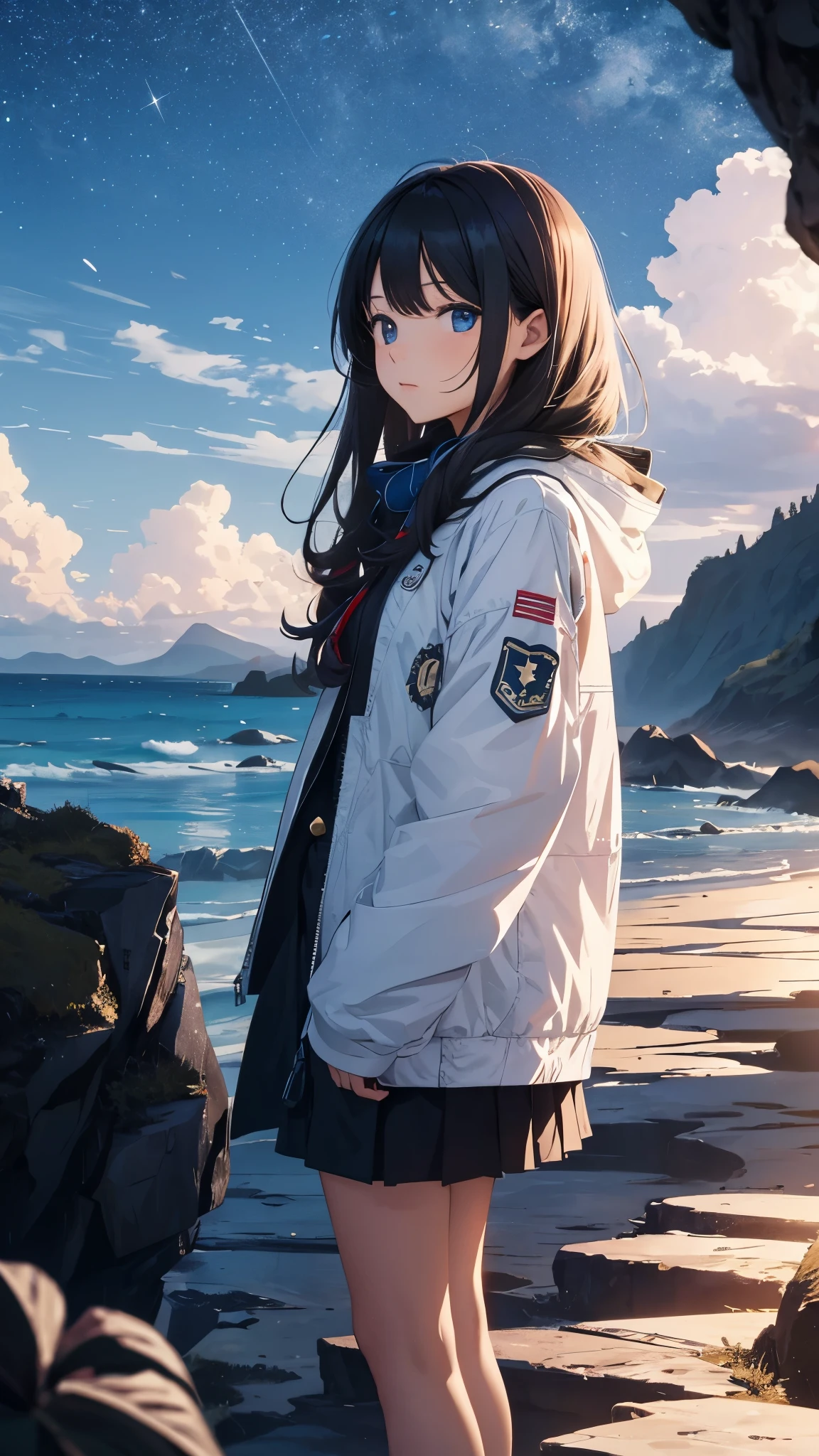 octans,Skysky,As estrelas(Skysky),scenecy,starrysky,the night,beach,1girl,nigh sky,独奏,exterioruliding,clouds,galactic,sitted,The tree,Long hair,城市,siluette,view over city