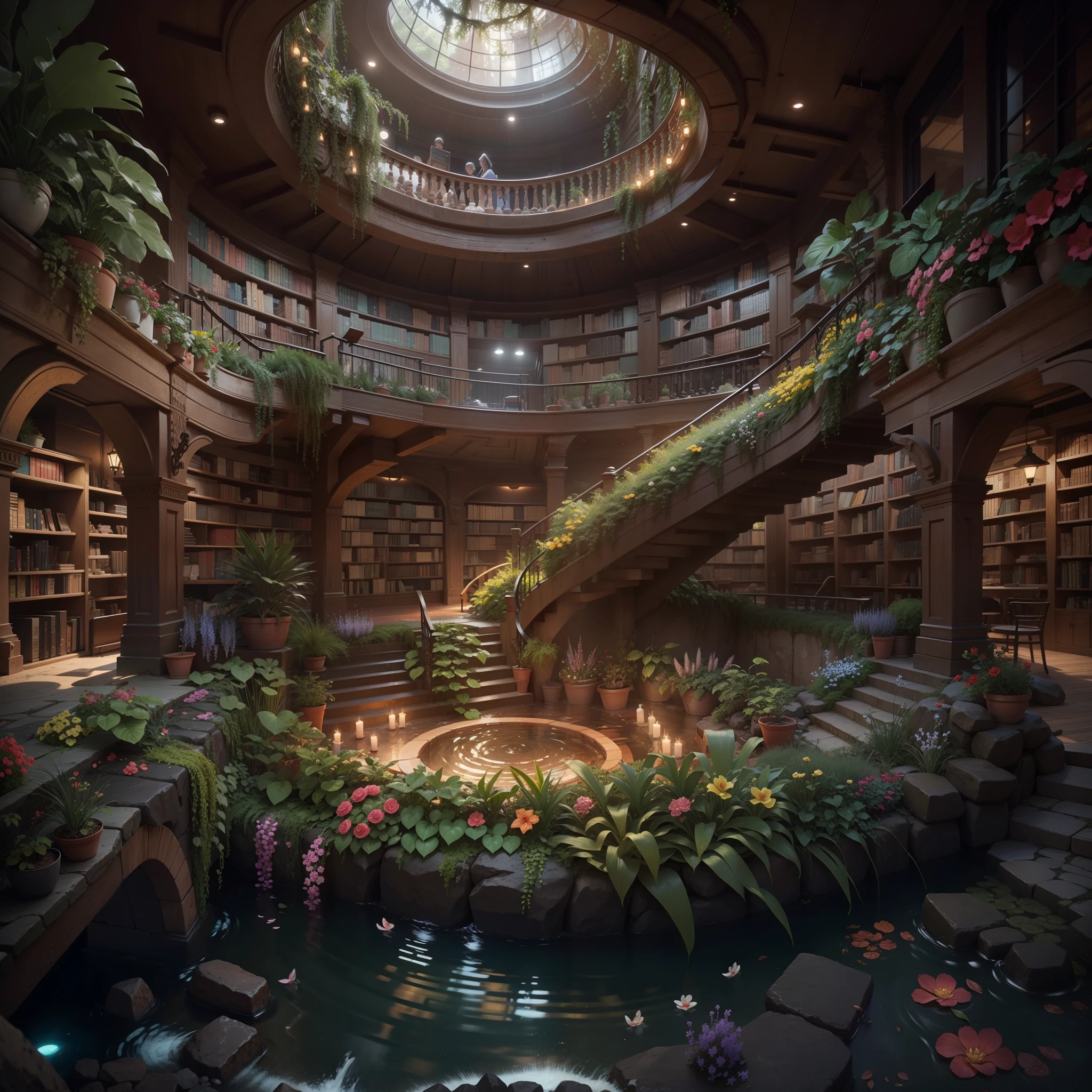 hyperdetailed whirlpool with tradescantia nanouk and bromeliad emerging from ground of hyperdetailed pretty Library with a stream flowing through it that glows like natural lighting, cinematic lighting, 8k, unreal engine, octane render, realistic