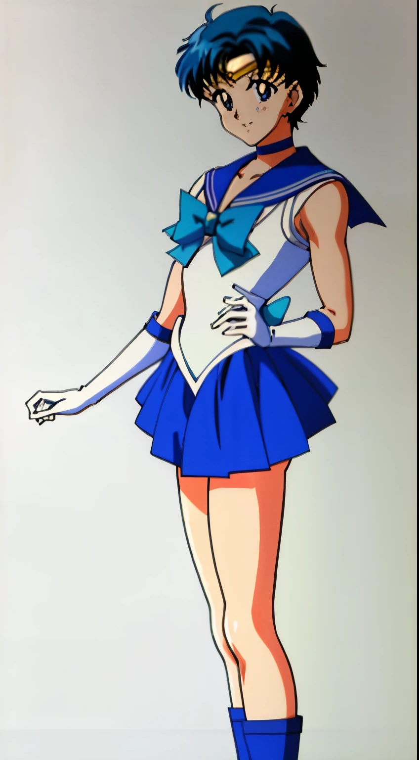 Top Quality Anime Art、masterpiece、high definition anime art、アニメstyle8K、High resolution、Boy standing、Very short blue-haired boy、Blue-eyed boy、Golden Circlet、earrings、solo、Strong muscles、Sailor Senshi Uniform、Muscular and strong、white gloves、elbowgloves、blue choker、Blue Heeled Boots、white leotard、high leg leotard、white dress、blue sailor collar、Sky blue bow tie、mini skirt、pleated skirt、blue skirt、muscular man、smile、Bare shoulders、bare legs、Hymns to the King as a Prince, an retro anime image、Full body close-up shot、anime dick. Rogue Anime Boy、soft lighting、(1990s\(style\)0.9)、
