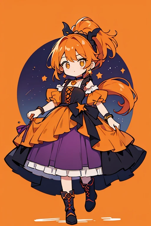 As Scorpio Cure Soleil, her dress is orange again with dark orange designs and is more closed than her previous ones, with the lining ruffle now light orange. The sleeves on top are yellow and pale orange with the purple ruffle around the waist growing longer in the back. The boots are now orange. Her hair is styled in a ponytail resembling a scorpion's tail with a dark orange ombre and purple stars decorating it. Her star hair accesorry and earrings are also dark orange and her wristbands are dark orange and yellow