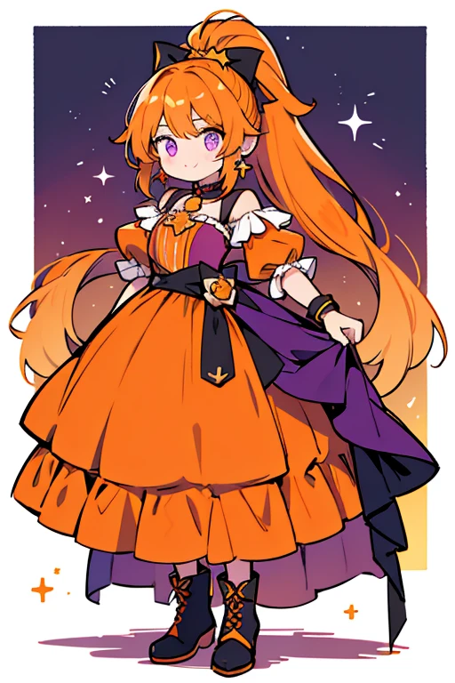 As Scorpio Cure Soleil, her dress is orange again with dark orange designs and is more closed than her previous ones, with the lining ruffle now light orange. The sleeves on top are yellow and pale orange with the purple ruffle around the waist growing longer in the back. The boots are now orange. Her hair is styled in a ponytail resembling a scorpion's tail with a dark orange ombre and purple stars decorating it. Her star hair accesorry and earrings are also dark orange and her wristbands are dark orange and yellow