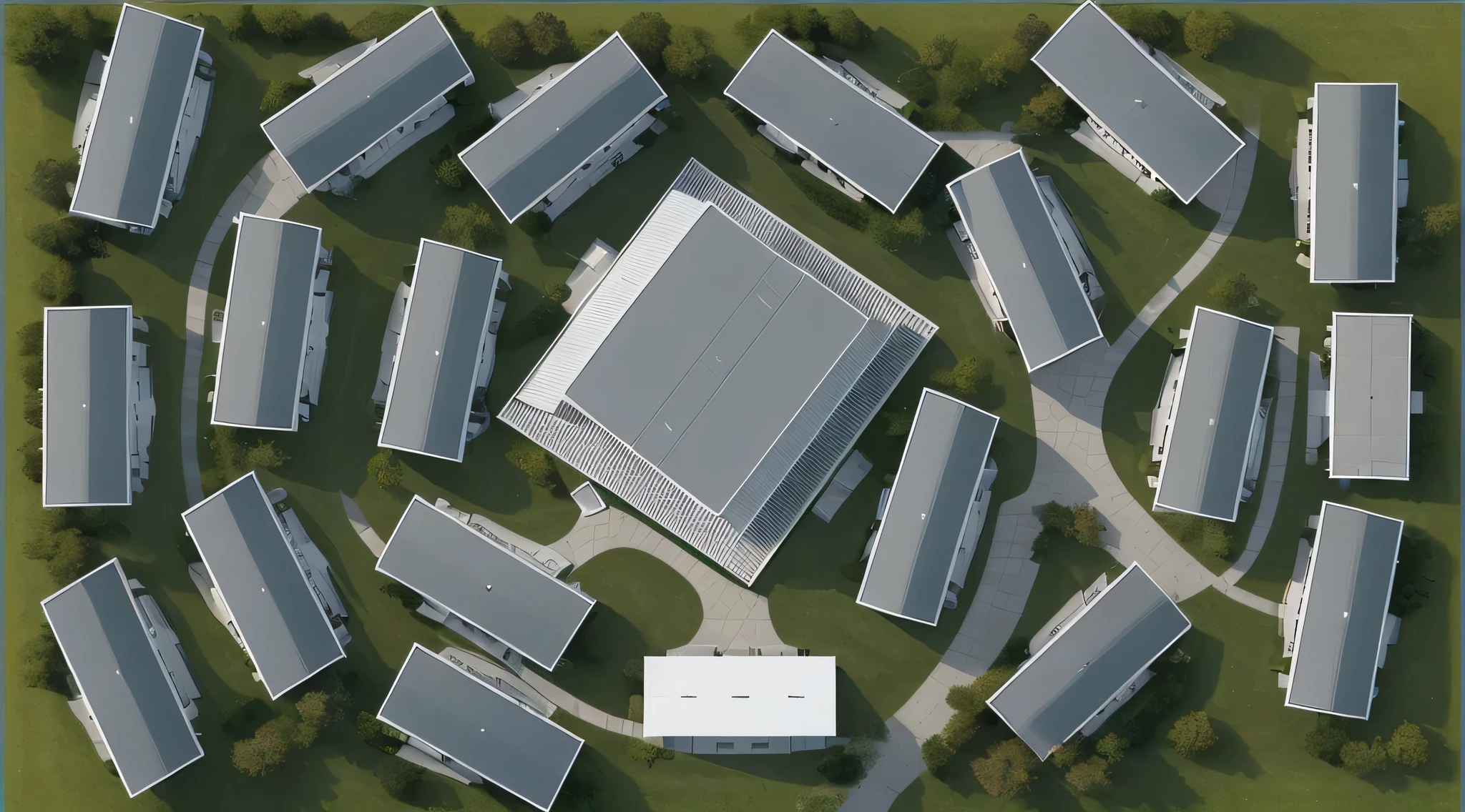 「A view of the architecture from above」、「Temporary housingのような」、white panel roof、grass around、one-story building、big building、one-story house、Temporary housing、flat roof、
