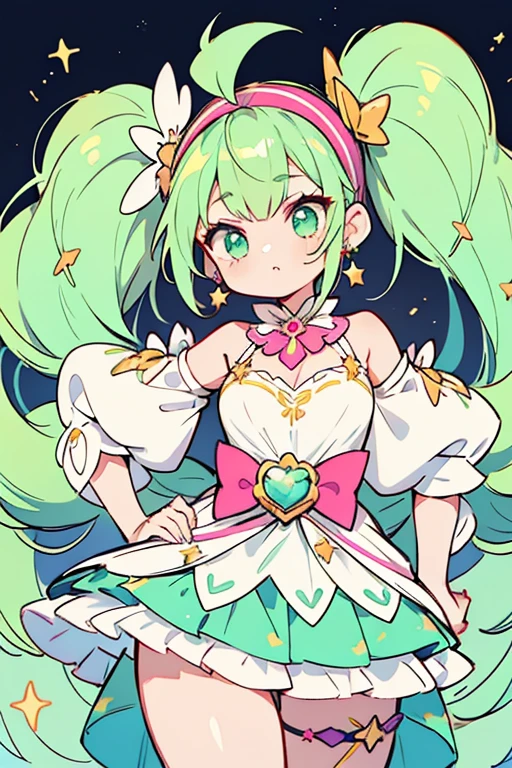 As Cancer Cure Milky, her hair is now styled in short twin-tails held by dark magenta baubles and has a light green gradient. The star on her headband is now green, as are the stars on her antennae, and she gains gold hair ornaments shaped like closed crab claws. Her outfit remains the same as her previous form, but the turquoise parts are bright green. Her skirt is puffy with light green and pink designs on it and opens in the front. The bow in the back is now light pink and her earrings become dark magenta baubles.