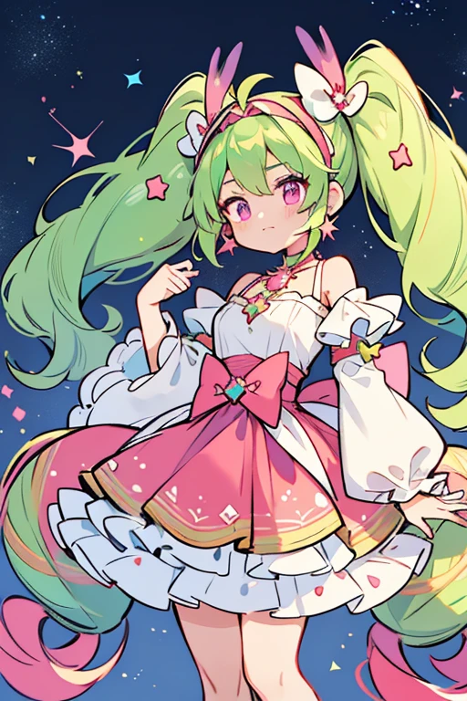 As Cancer Cure Milky, her hair is now styled in short twin-tails held by dark magenta baubles and has a light green gradient. The star on her headband is now green, as are the stars on her antennae, and she gains gold hair ornaments shaped like closed crab claws. Her outfit remains the same as her previous form, but the turquoise parts are bright green. Her skirt is puffy with light green and pink designs on it and opens in the front. The bow in the back is now light pink and her earrings become dark magenta baubles.