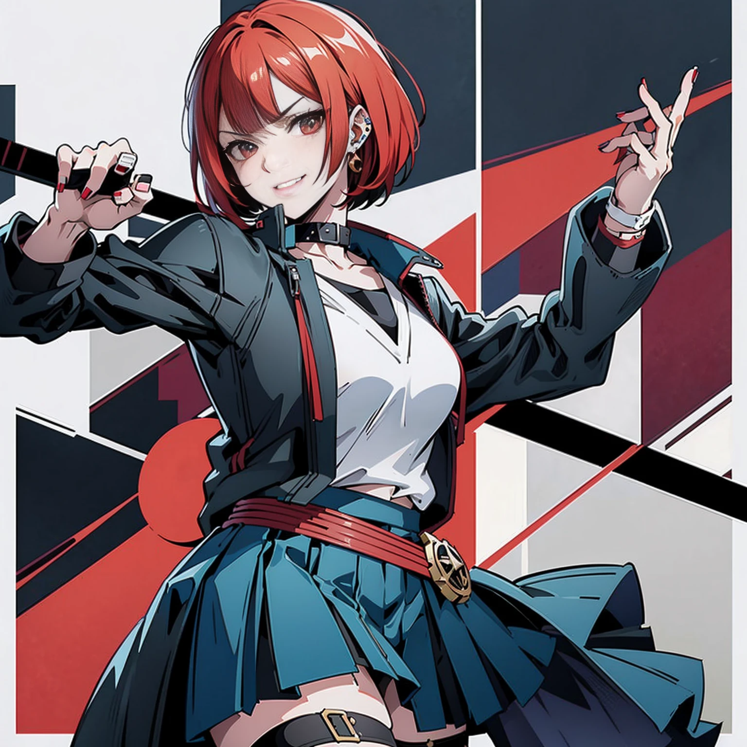 in the art style of persona5 and in the art style of street of rage 4, delinquent, (sukeban), mature_female, blush, mature, older woman, 25 years old, Sukeban teacher outfit, (1girl, solo female, solo, solo focus)++++, choker, sukeban teacher, sukeban fighter, long_sleeves, open jacket, blue jacket,( jean)+++, light skin tone female, (full body)+++++, jacket, biker jacket, tape, arm_support, gloves, red_gloves, bridal gauntlets, nail polish, boots, black_footwear, fighter outfit, (full body)+++++++, hourglass, mature face, cheeky smile, cheeky face, wrinkles, (red hair, short hair, bob cut, earrings, ear piercings), red eyeighting art, Martial arts, standing, fighting_stance, fight, fighting), extra colors, 2D, megapixel, perfectionism, accent lighting, full HD , (Masterpiece:1.2), (full-body-shot:1),(cowboy shot:1.2), (Highly detailed:1.2),(anime Detailed Face:1.2), Colorful, A detailed eye, (Detailed landscape:1.2), (natural lighting:1.2), ((sukeban school teacher)) by Vincent Di Fate: Aidyllery, Anamorphic Shot, rule of thirds, face by Artgerm and WLOP,