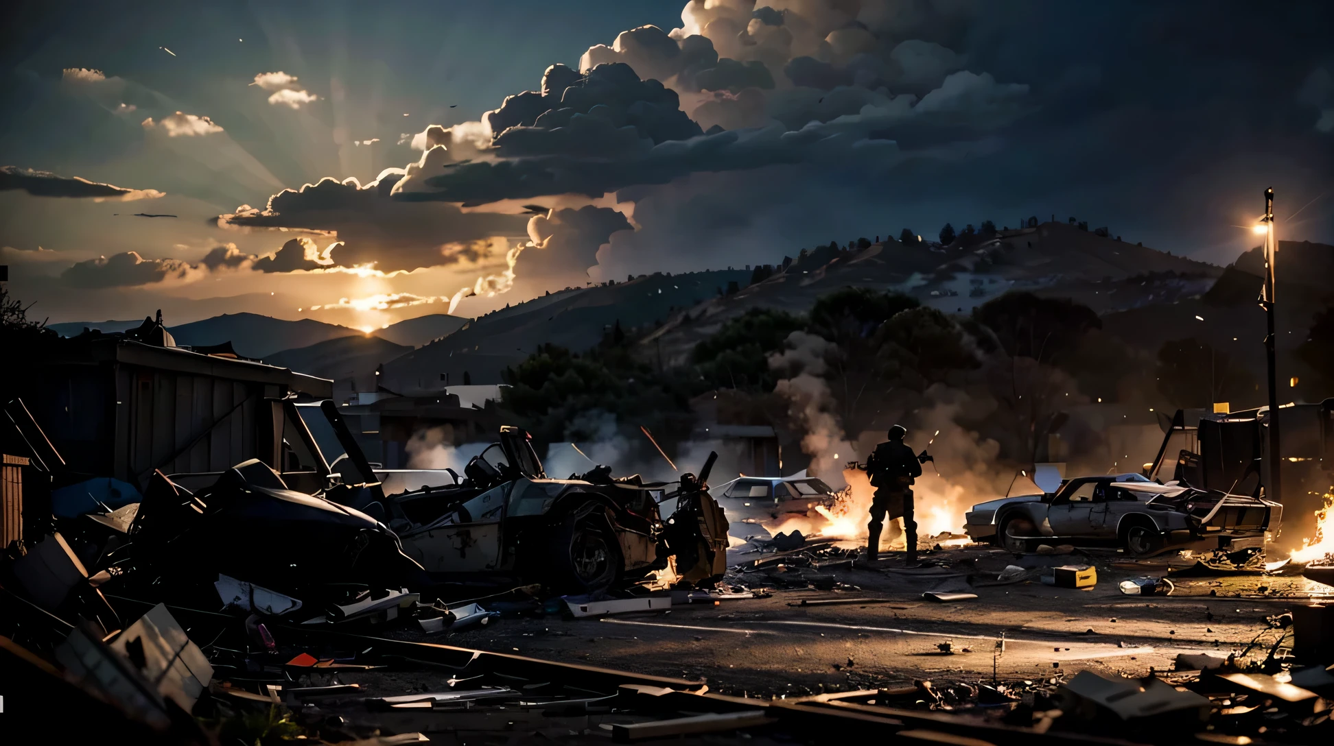 Create an ULTRA REALISTIC AND stunning scene of a post-war battlefield with tired soldiers and debris all around. Colors must convey the intensity and severity of the conflict, with minute details in the soldiers' facial expressions and realistic wreckage.