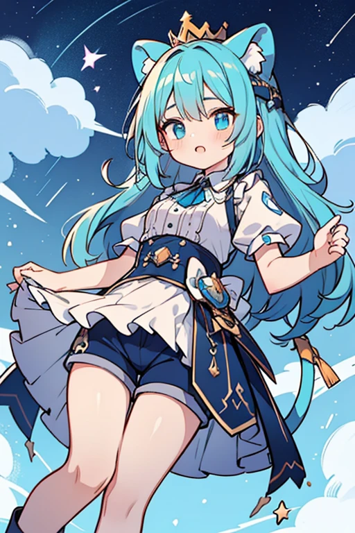 As Leo Cure Milky, her hair becomes wilder with a blue ombre at the bottom. The star on her headband turns blue insde with a crown at the top. The stars at the ends of her antennae are also blue. The turquoise parts of her outfit turn blue with her shorts now a skirt with sky blue and yellow designs on it and light blue frills at the bottom. Underneath is a darker and shorter skirt. On her back is a pale blue lion's tail.