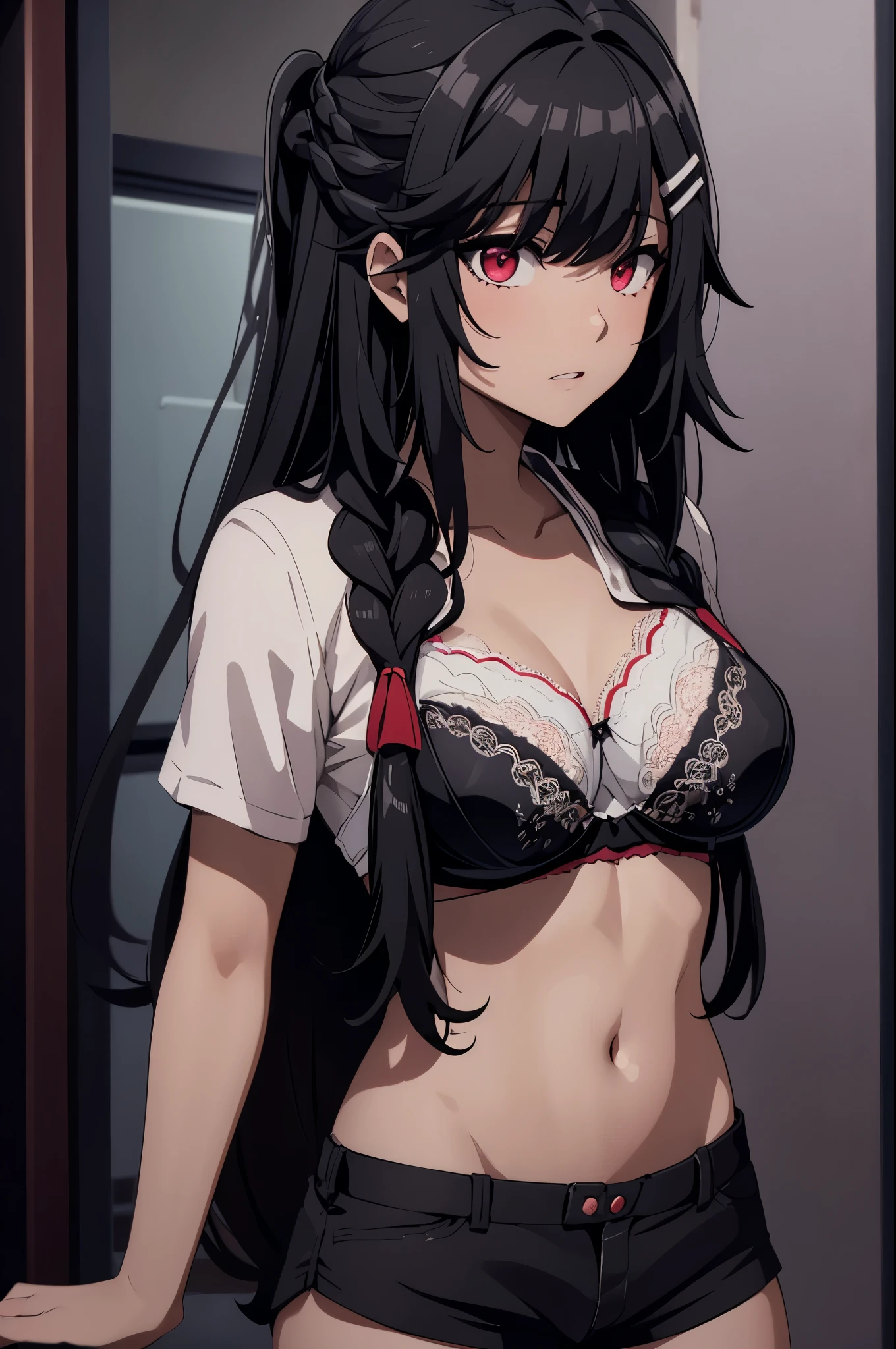 1girl,hair ornament,black hair,long hair,hair flower,hairclip,red eyes,braid,bangs,hair between eyes, ,cleanched teeth,(((bra,shorts))),perfect eyes,best quality,
