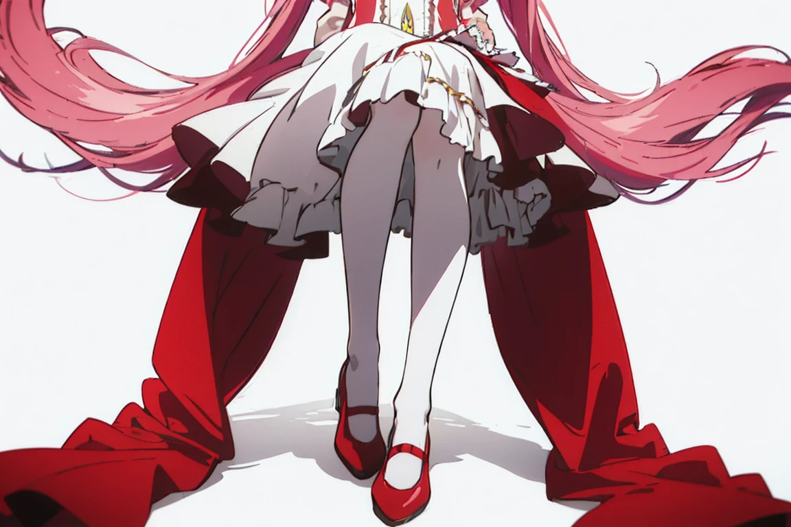 1 girl,Detailed details,witch background,madoka,pink hair,Red shoes,white background,red ribbon,