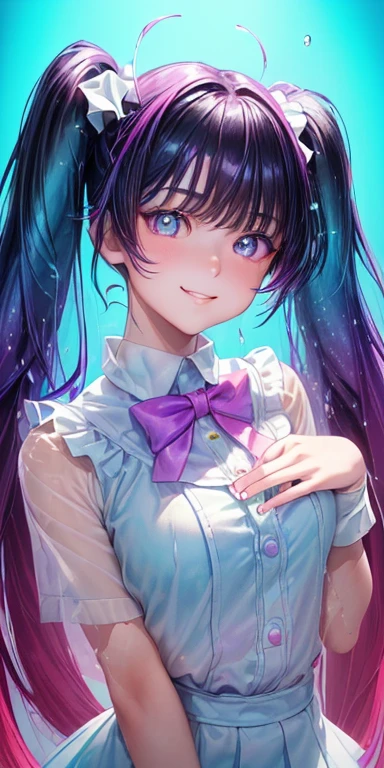 baby face, (colorful fluorescence multicolored hair:1.5,short twintails:1.5), (masterpiece, sidelights, exquisite beautiful eyes: 1.5), masterpiece*portrait, realistic, {(Colorful splash background of different colors:1.5)},colorful,3D face,(cute face),front view: 1.6、 (glowing blue eyes),plump face:1.5,(tareme:1.5)、(evil smile:1.2),Rosy Mouth,Slim Body, shiny hair, shiny skin: 1.5、medium breasts,、solo,(stand)、(high school girl,school uniform)、(charactor focus:1.5、portlate:1.5、eye focus:1.5,upper body),(gradient eyes:1.5)
