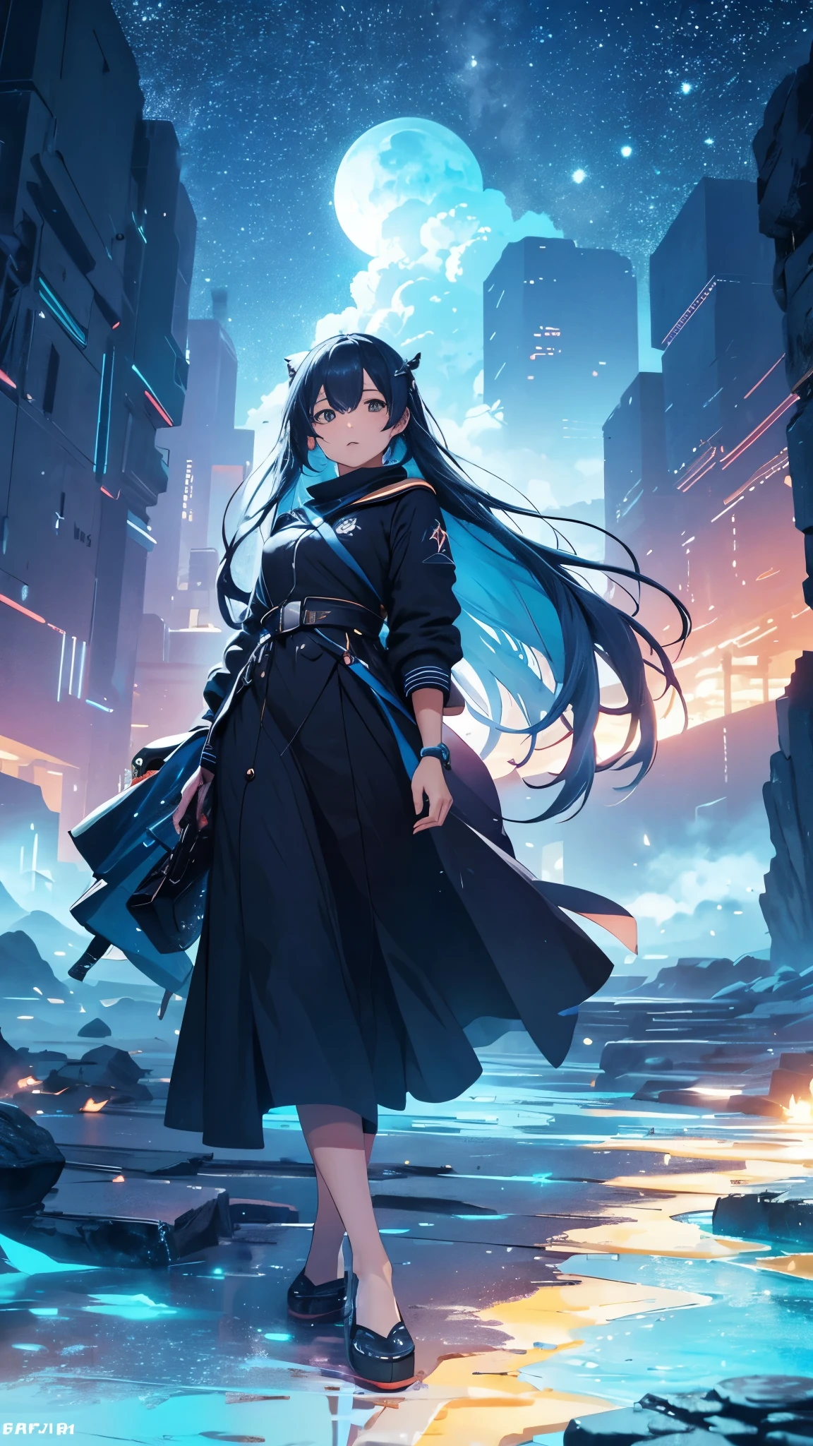octans,Skysky,As estrelas(Skysky),scenecy,starrysky,the night,beach,1girl,nigh sky,独奏,exterioruliding,clouds,galactic,sitted,The tree,Long hair,城市,siluette,view over city