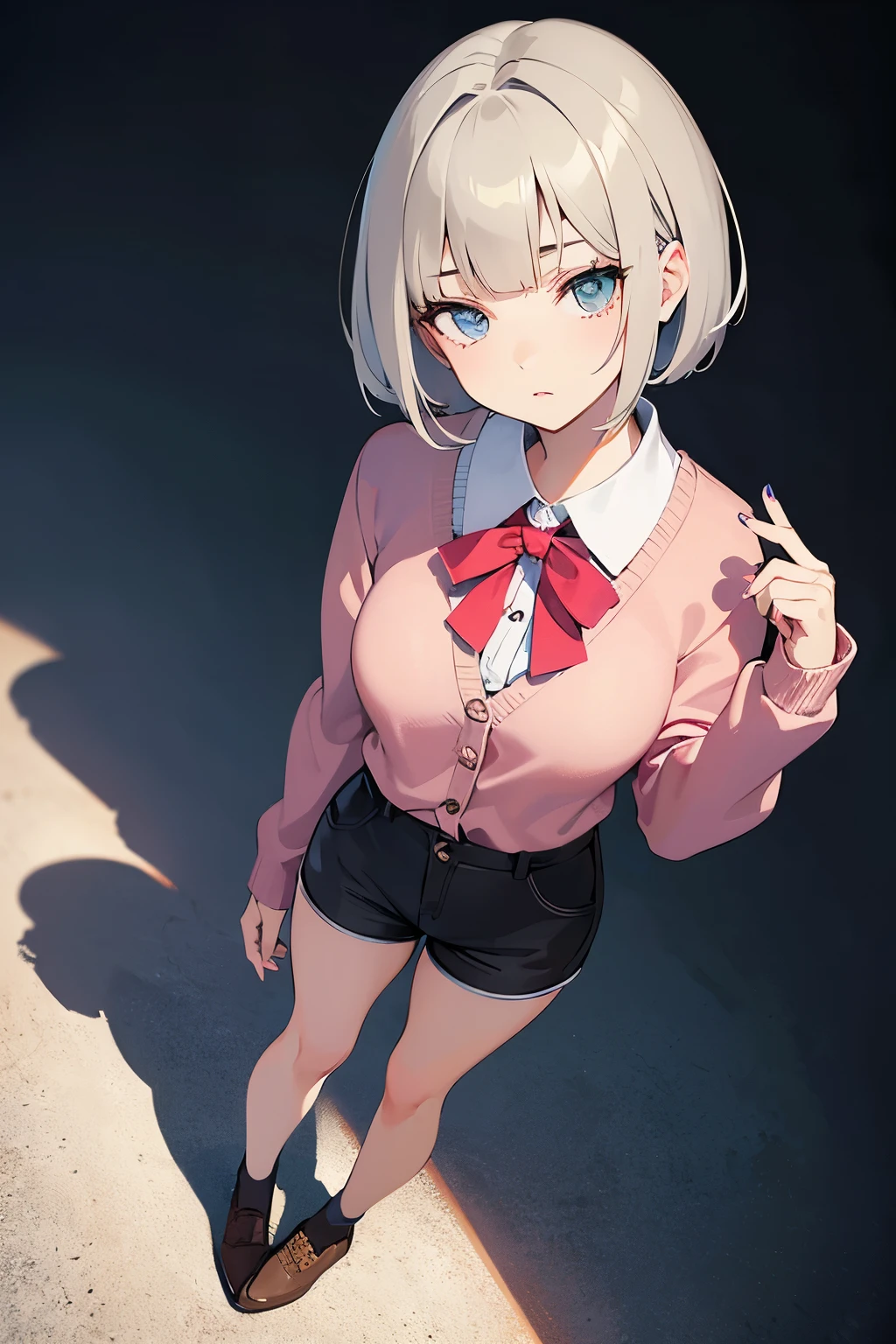 animated, full body, best detailed girl, standing, Perfect female body, Beautiful detailed girl, teenage girl, very short hair, bob haircut, asymmetrical bangs, grey hair, extremely beautiful detailed anime face and eyes, beautiful detailed cold face, beautiful detailed deep eyes, nail polish, small Breasts, thighs, light brown eyes, bright skin, eyepatch, neck ribbon, book, cardigan, short shorts, brown footwear, pink Clothes, white background, Noise and grain, best quality, extremely detailedmasterpiece, detailed and intricate,