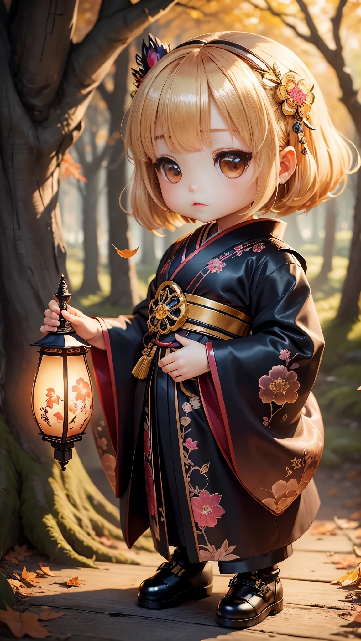 masterpiece、highest quality、super detailed、(Chibi character girl:1.2)、official art、Kimono with luxurious embroidery、wraith、gold bob、Fairytale autumn forest、Lightning flash shell body standing figure