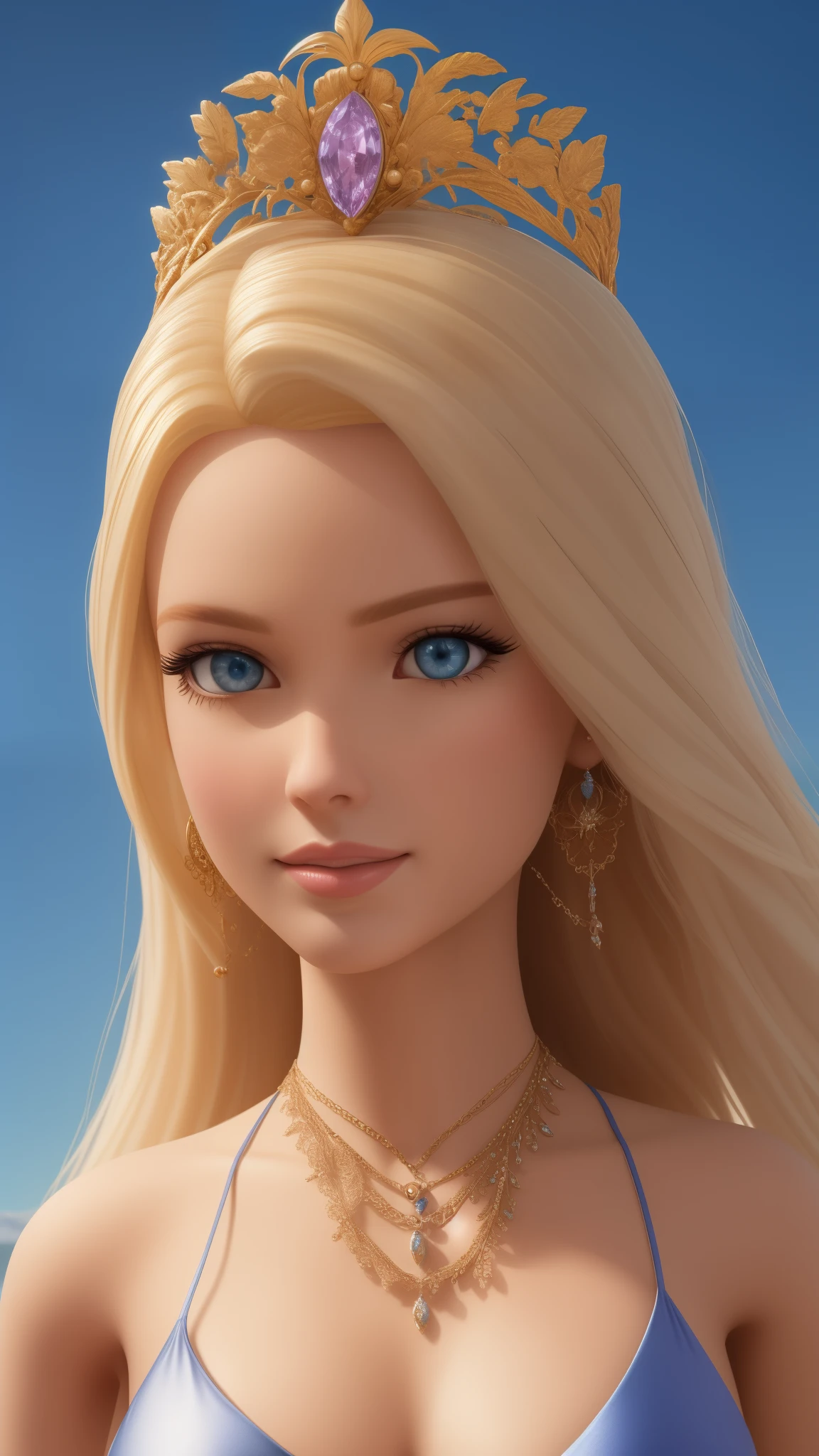 tall blond (Barbie) princess (doll) portrait, Delicate detailed face, animated, detailed white skin texture, long golden hair, adorable, Clean, wide smile, glowing blue eyes, blue colored pupil, (silky pink bikini), luxurious tiara, gloss, fresh flowers, (landscape), (ocean), mountains, pine forest, centered golden frame, center, diamond necklaces, pearls, Disney style, high resolution, official art, unreal-engine, high dynamic range, OctaneRender, (render), cinema4d, sun ray, porcelaine, looking at viewer, depth of field, from below, masterpiece, 8K, best quality, anatomically correct, close view,