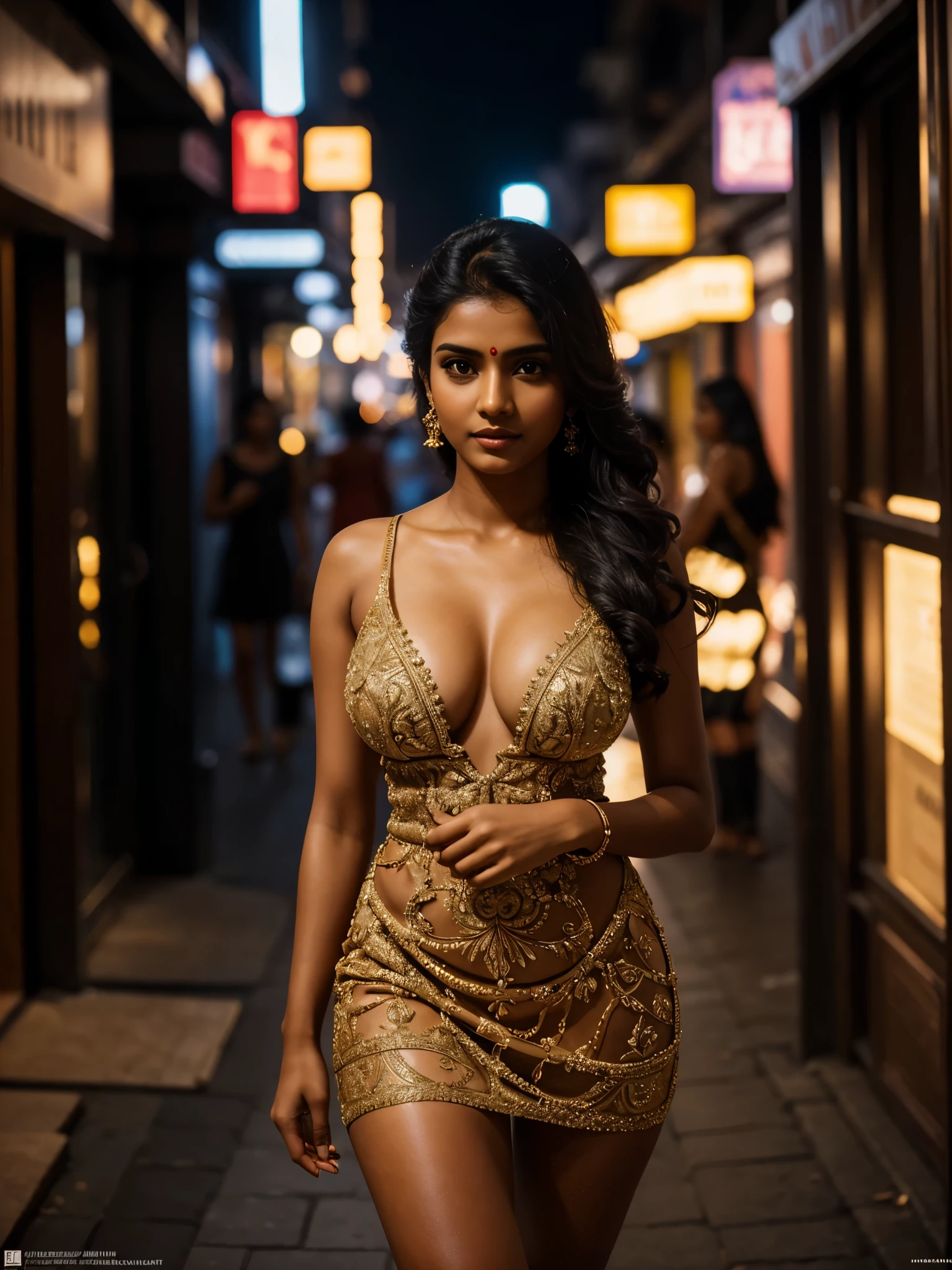 An extremely beautiful introverted Tamil woman wearing a short light plunging dress, legs, meticulously detailed face, intricate detailing eyes, eyes symmetry, face symmetry, seductive expressions, high detail skin, 36D size breasts, 8k, HDR, high resolution, photo-realistic, cinematic lighting, depth of field, rim lighting, backlit, cool colours, midnight busy city, casually walking in the streets