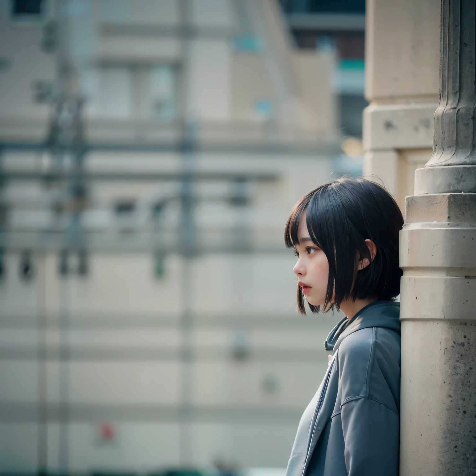 masterpiece、highest quality、super realistic、surreal、Ultra high definition、8k、Raw photo、textured skin、One Nogizaka girl,(,medium bob hair,bangs,black hair,floating hair,slim,small face,chest is small,thin waist,small ass,Are crying:1.5),(light fly duffel coat、scarf:1.2)、station platform、lean on a pillar、crowd(Natural light、strong sunlight、Moving the chart, film grain、full body shot、profile、profile、It's blurry、very long shot、letterbox、negative space、Sigma 85mm F/1.4)、finder
