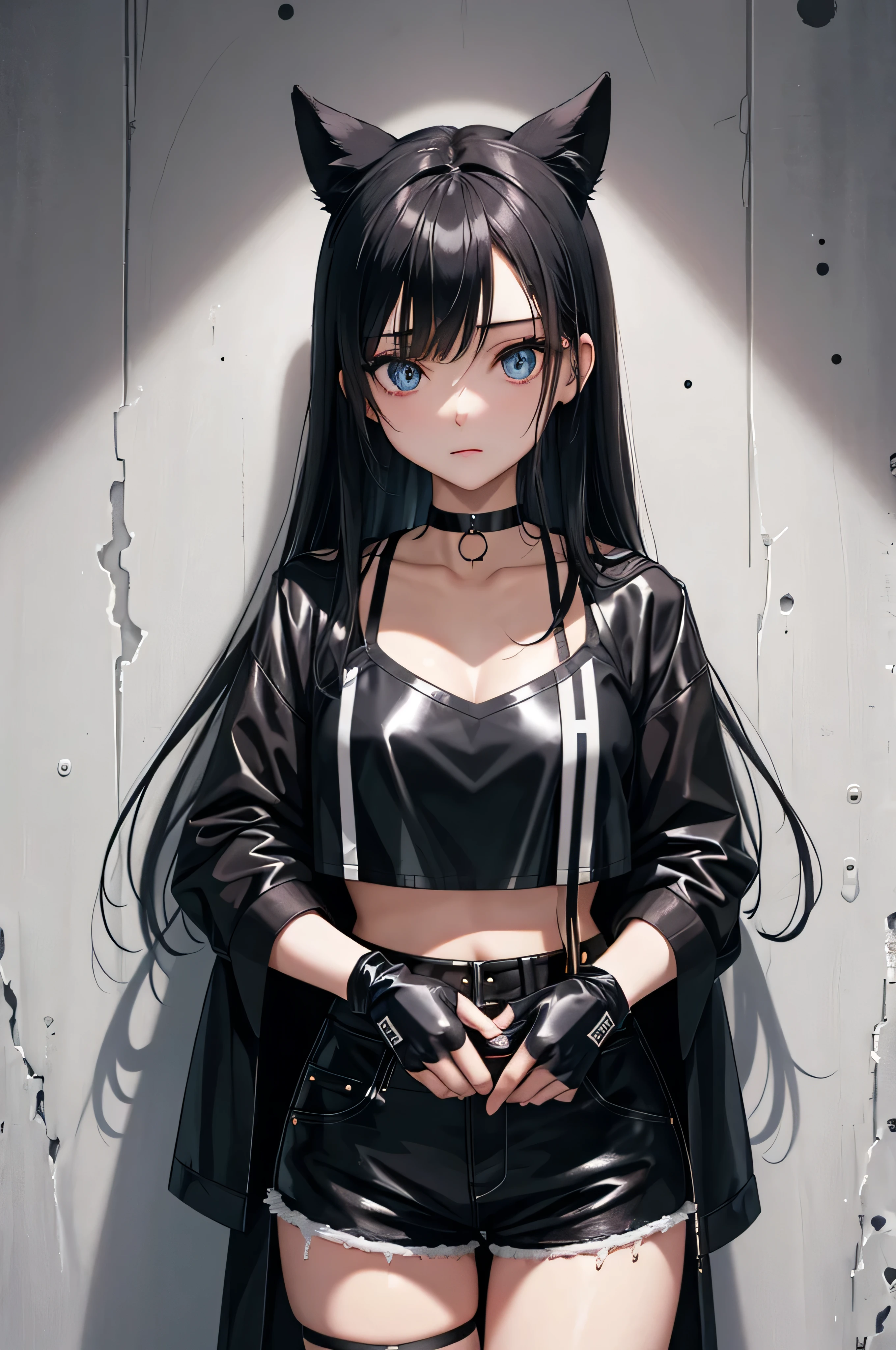 tmasterpiece， Best quality at best， 1girll， 独奏，posing for picture, holding her waist, adult, emo, blue eyes, black outfit, wearing a crop top and a long black coat, denin shorts, gloves, choker necklace， paint splatter， against a wall， looking at viewer， thigh band，  tilt of the head, Water-colored eyes