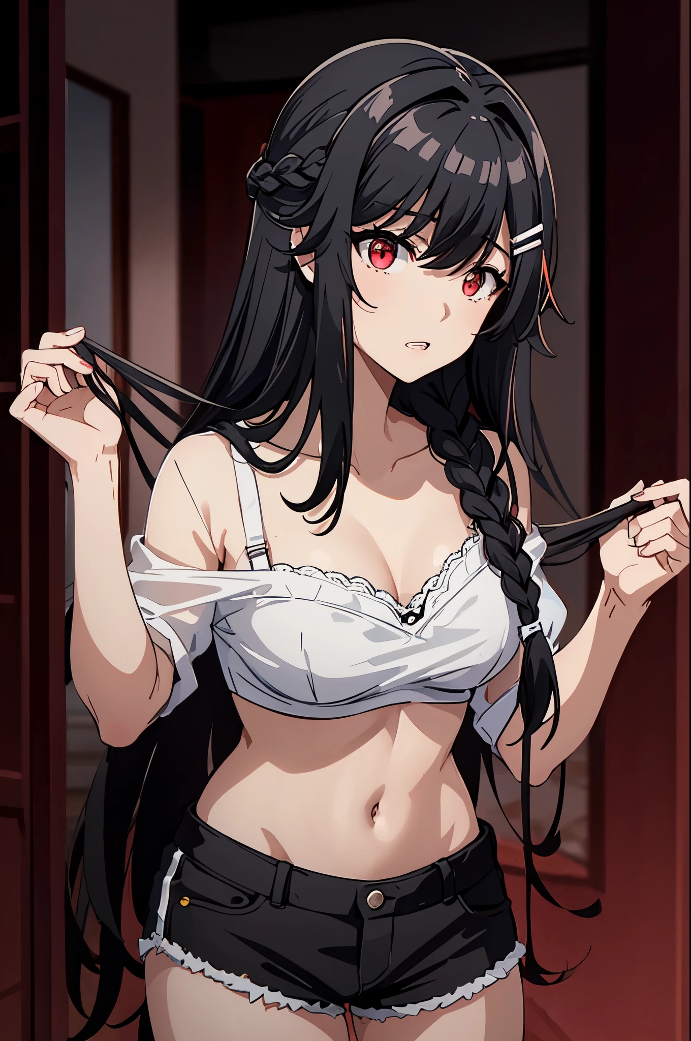 1girl,hair ornament,black hair,long hair,hair flower,hairclip,red eyes,braid,bangs,hair between eyes, ,cleanched teeth,(((bra,shorts))),perfect eyes,best quality,
