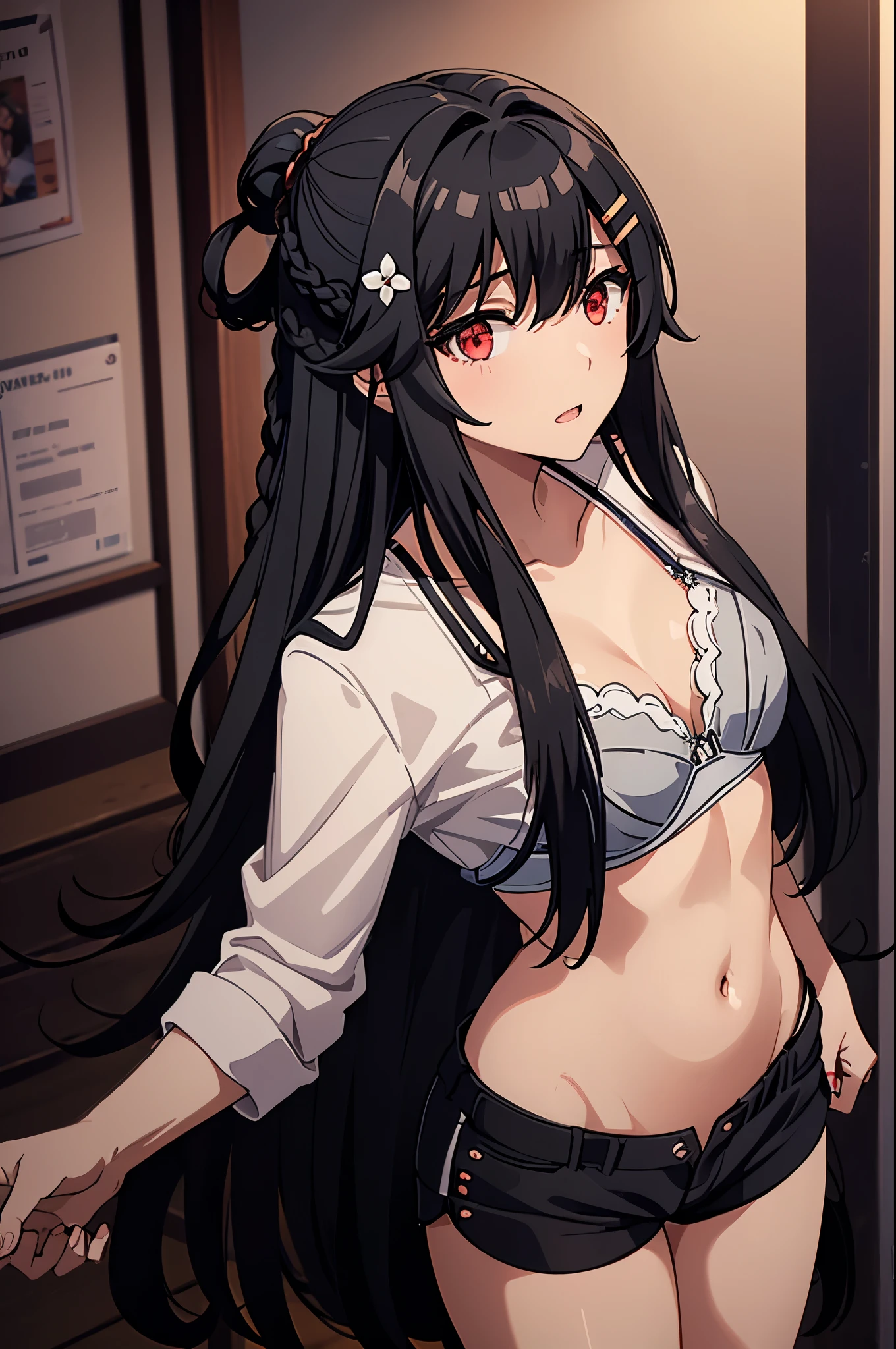 1girl,hair ornament,black hair,long hair,hair flower,hairclip,red eyes,braid,bangs,hair between eyes, ,cleanched teeth,(((bra,shorts))),perfect eyes,best quality,
