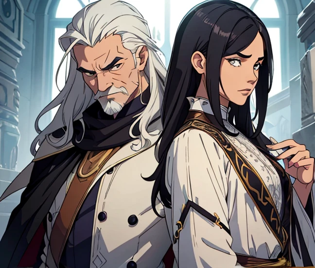 August is a relatively tall, fair-skinned, still quite well-toned old man with blackish eyes and roughly shoulder-length, wavy, grayish-white white hair, with the majority of his bangs swept leftward. He has a short mustache, and a lengthy, mildly thin beard that reaches down to his upper torso, shoots up towards the mouth in large spikes, and links to his main hair via sideburns. Additionally, he has thick eyebrows, a pronounced nose bridge, and high cheekbones. August's many facial wrinkles evidence his advanced age, most prominently those on his forehead and below his lower eyelids, and his laugh lines. He also has a dark tattoo consisting of a thick dot surrounded by two circles on the back of his left hand, and two straight lines going from the circles' bottom end down the front of his forearm.

As for clothing, August sports a long, white and purple robe consisting of two major pieces: a long garment that reaches past his knees, with a tattered bottom edge and intricately designed linings on the ends of its sleeves, including a line of dark lozenges, and a shorter, more billowing garment above it, over only his chest area. The longer garb is kept tied together with a thin light girdle made of a seemingly rope-like material. An externally and internally dark-colored cape is additionally above both parts of the robe, jutting out in sharp, more elongated lozenge-shaped spikes around the back of his head, also having a tattered bottom edge, having the Alvarez Empire's symbol emblazoned on its back, and being kept in its place by a long, less wide cloth tied around it and August's neck, which in turn is held fast by a spherical dark clip. Finally, a dark ring on his right middle finger and plain dark high boots complete the outfit.