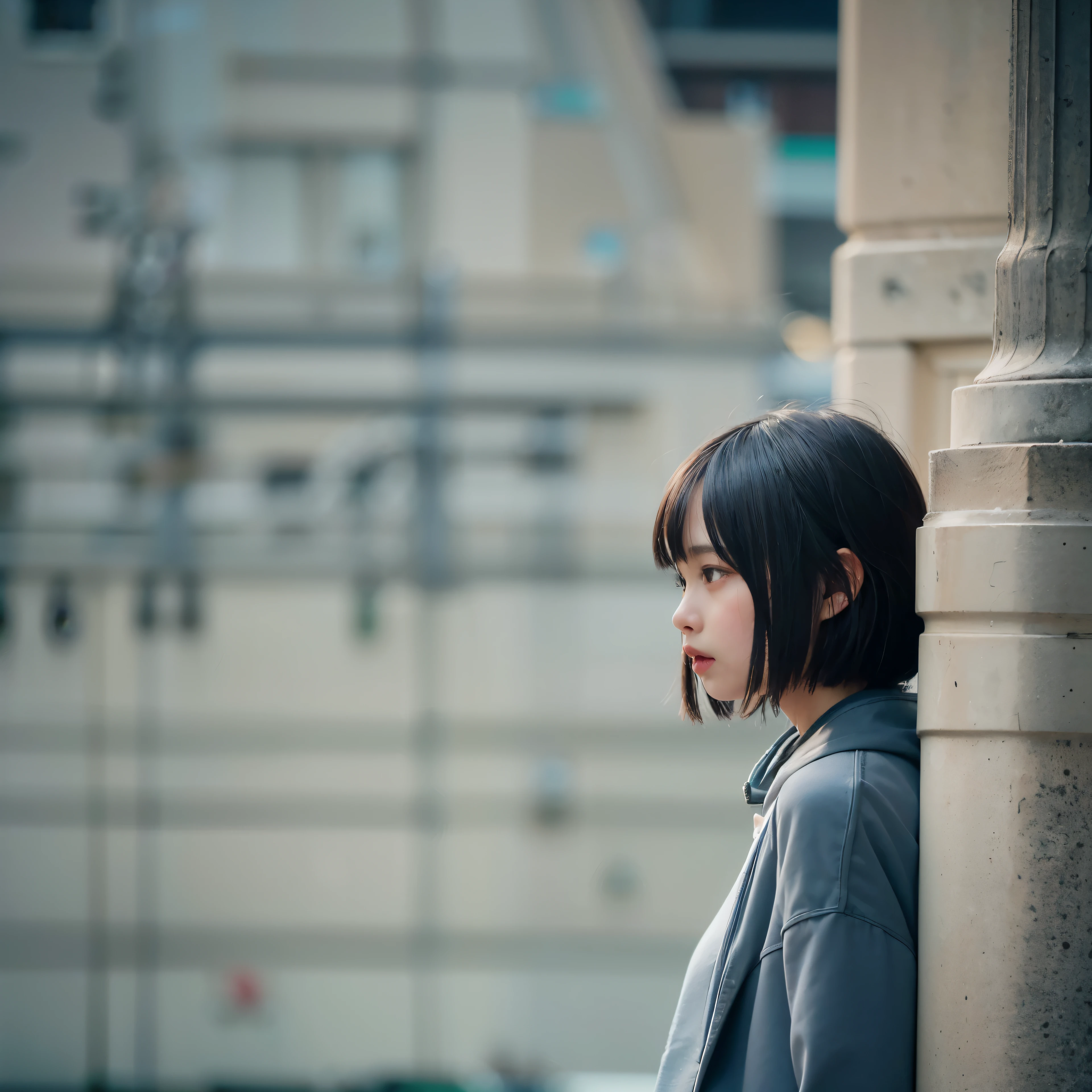 masterpiece、highest quality、super realistic、surreal、Ultra high definition、8k、Raw photo、textured skin、One Nogizaka girl,(16 years old,medium bob hair,bangs,black hair,floating hair,slim,small face,chest is small,thin waist,small ass,Are crying:1.5),(light fly duffel coat、scarf:1.2)、station platform、lean on a pillar、crowd(Natural light、strong sunlight、Moving the chart, film grain、full body shot、profile、profile、It's blurry、very long shot、letterbox、negative space、Sigma 85mm F/1.4)、finder