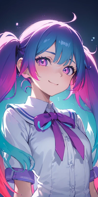 baby face, (colorful fluorescence multicolored hair:1.5,short twintails:1.5), (masterpiece, sidelights, exquisite beautiful eyes: 1.5), masterpiece*portrait, realistic, {(Colorful splash background of different colors:1.5)},colorful,3D face,(cute face),front view: 1.6、 (glowing blue eyes),plump face:1.5,(tareme:1.5)、(evil smile:1.2),Rosy Mouth,Slim Body, shiny hair, shiny skin: 1.5、medium breasts,、solo,(stand)、(high school girl,school uniform)、(charactor focus:1.5、portlate:1.5、eye focus:1.5,upper body),(gradient eyes:1.5)