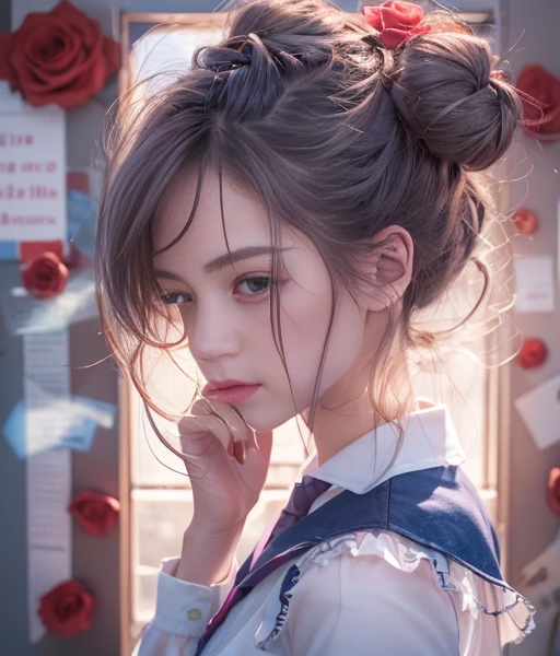 best quality, ultra-detailed, realistic:1.37, schoolgirl, school uniform, coiled hair, hair bun, hairpin, red rose, blue butterfly, white rabbit, signboard, mysterious, light and shadow, proper proportions, aesthetics, atmosphere