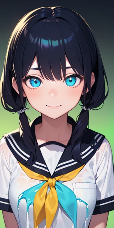 , (colorful fluorescence multicolored hair:1.5,short twintails:1.5), (masterpiece, sidelights, exquisite beautiful eyes: 1.5), masterpieceportrait, realistic, {(Colorful splash background of different colors:1.5)},colorful,3D face,(cute face),front view: 1.6、 (glowing blue eyes),plump face:1.5,(tareme:1.5)、(evil smile:1.2),Rosy Mouth,Slim Body, shiny hair, shiny skin: 1.5、medium breasts,、solo,(stand)、(high school girl,school uniform)、(charactor focus:1.5、portlate:1.5、eye focus:1.5,upper body),(gradient eyes:1.5)