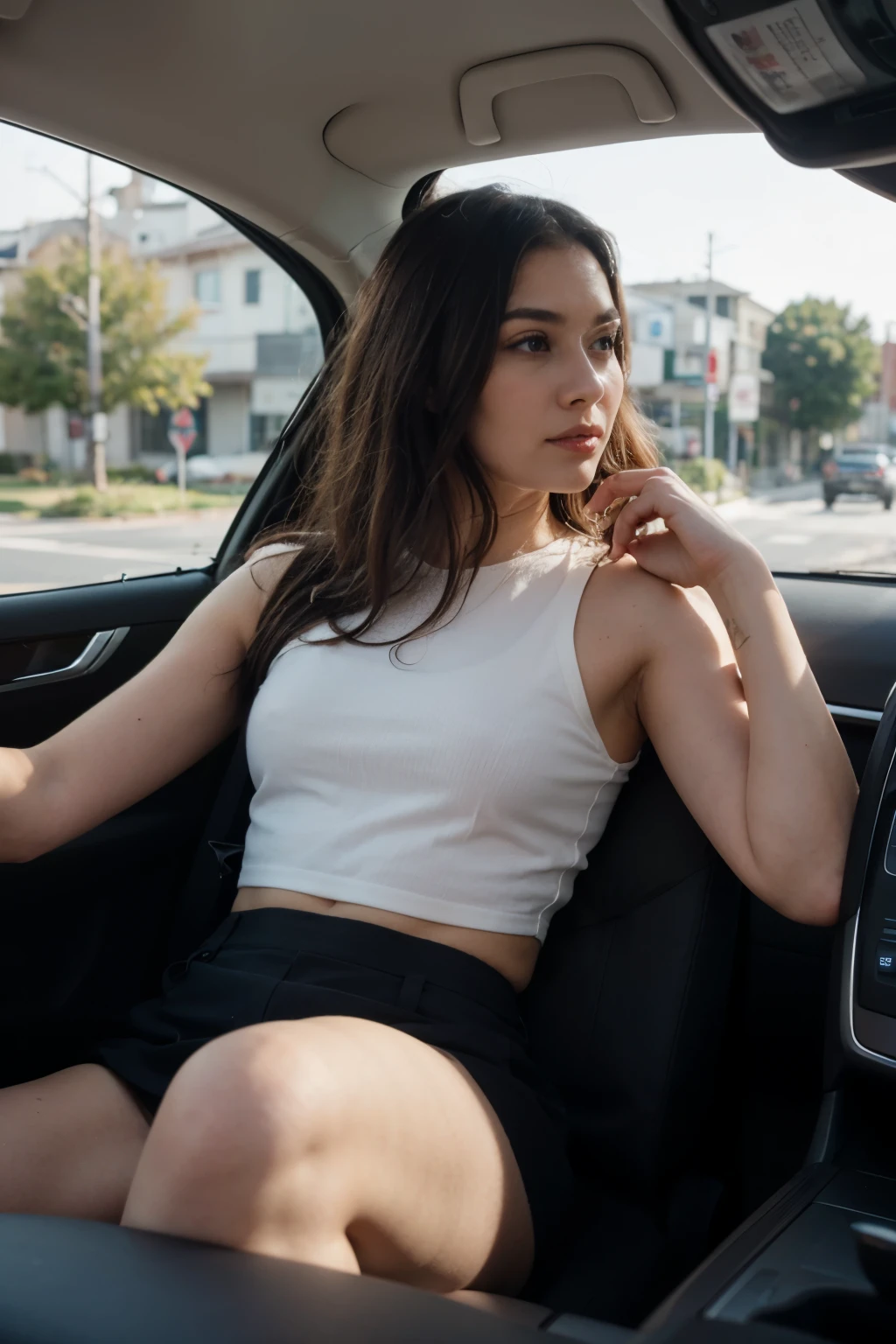 A woman driving with two male