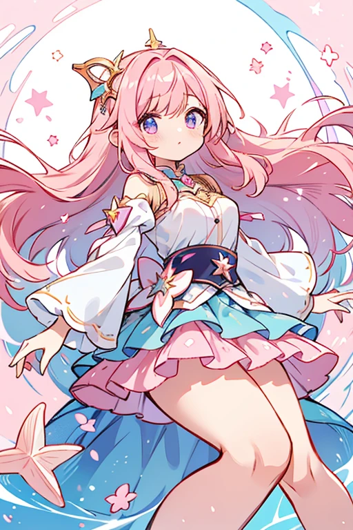 Pisces Cure Star, her hairstyle is similar to her normal form, but is mostly light pink with a fuchsia ombre on top and decorated with stars and a seashell. Her star accessories on top also turn blue. The bodice is mostly fuchsia and light pink with the bottom layer of her sleeves turning dark magenta along with yellow straps. The sakura petals and top layer of her skirt are light pink with light blue lining on the skirt and a dark fuchsia layer under it. She also now has a fuchsia and light blue mermaid tail decorated with a yellow and blue star.