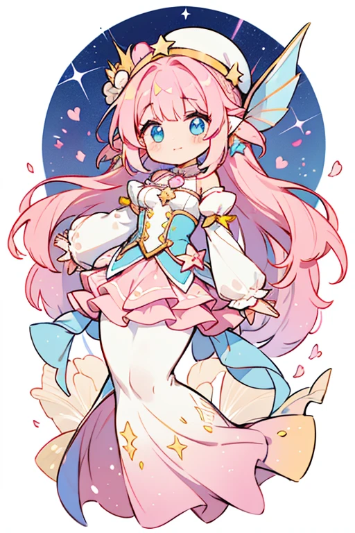 Pisces Cure Star, her hairstyle is similar to her normal form, but is mostly light pink with a fuchsia ombre on top and decorated with stars and a seashell. Her star accessories on top also turn blue. The bodice is mostly fuchsia and light pink with the bottom layer of her sleeves turning dark magenta along with yellow straps. The sakura petals and top layer of her skirt are light pink with light blue lining on the skirt and a dark fuchsia layer under it. She also now has a fuchsia and light blue mermaid tail decorated with a yellow and blue star.