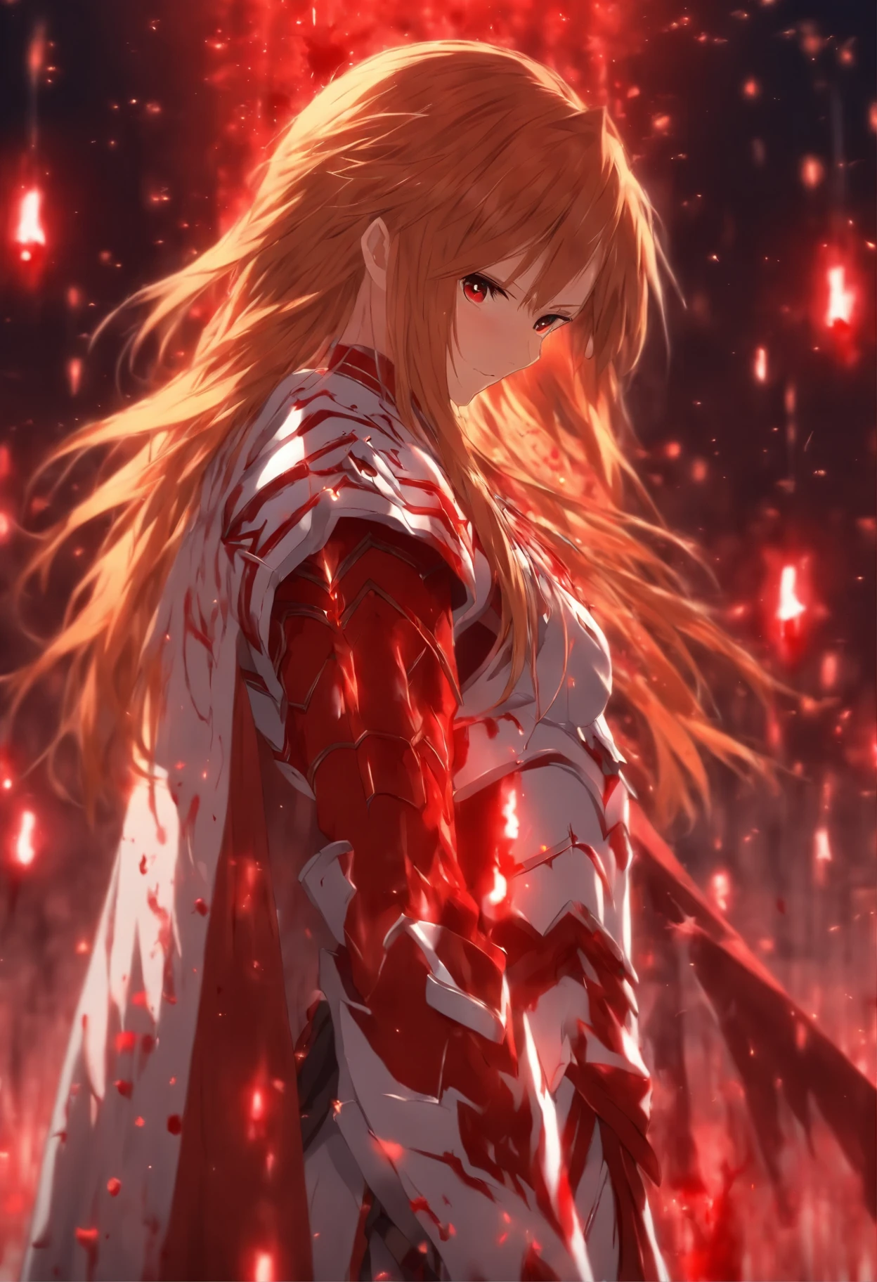 8K,(asuna(star): 1.6),One girl, One,(perfect anatomy:1.43), (medium hair:1.55) ,(Half Up:1.45),bang, Brown eyes,Perfect eyes,(Sad smile:1.3),white knee socks,(Brown hair:1.6),blood-soaked boots,(18 years:1.5),whole body,(A fusion of blood-white silver full plate armor and a blood-soaked long cloak:1.63),(bare shoulders:1.5),(Mini skirt:1.26),(holding in his hands a blood-soaked rapier:1.43),(Standing on the battlefield of Blood Pool Night in the moonlight:1.52),Fantasy,(Blood effect:1.53),throw,Eye-level view,(shadow:1.21)