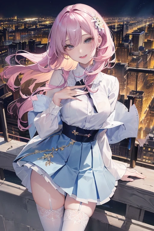 official art, masterpiece, Sharp focus beautiful gorgeous cute korean woman:1.3), (beautiful and cute korean:1.3), Korean beauty, exquisite beautiful hair、eyes and face, actual, Super detailed, beautiful girl, Luminous white particles, (side light:1.2), sun light, Baiyun, Detailed cloud, Slender, buttocks, smiling with teeth, ((Smile with your eyes, open both eyes)), landscape, long, straight hair, sexy facial expression, architecture, (city View:1.7), dynamic hair, long, straight hair, Detailed platinum pink hair, Luminous Blue Eyelue Pleated Shirt + Short white skirt), white stockings, pale skin, hair accessories, epic landscape,night,Reveals lace