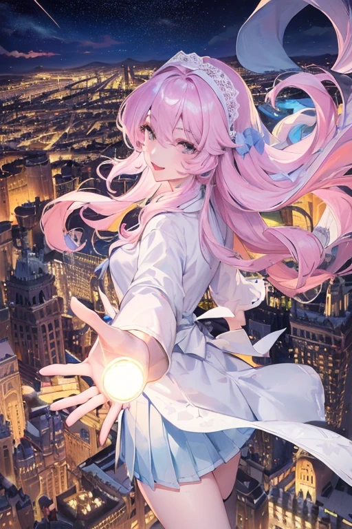 official art, masterpiece, 锋利的焦点美丽华丽可爱的South Korea女人:1.3), (美丽可爱的South Korea人:1.3), South Korea, exquisite beautiful hair、eyes and face, actual, Super detailed, beautiful girl, Luminous white particles, (side light:1.2), sunshine, Baiyun, Detailed cloud, Slender, buttocks, smile with teeth, ((smile with eyes, open your eyes)), landscape, long, straight hair, facial expression, architecture, (city View:1.7), dynamic hair, long, straight hair, Detailed platinum pink hair, Eyelue pleated shirt + white skirt), white stockings, pale skin, hair accessories, epic landscape,night